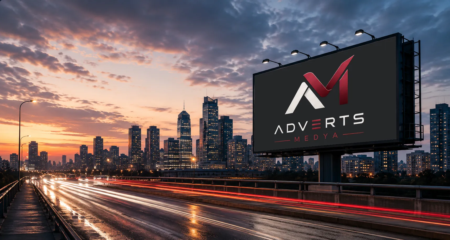 Gün batımında şehir çevre yolu ve üzerinde Adverts Medya logosu bulunan aydınlatmalı billboard