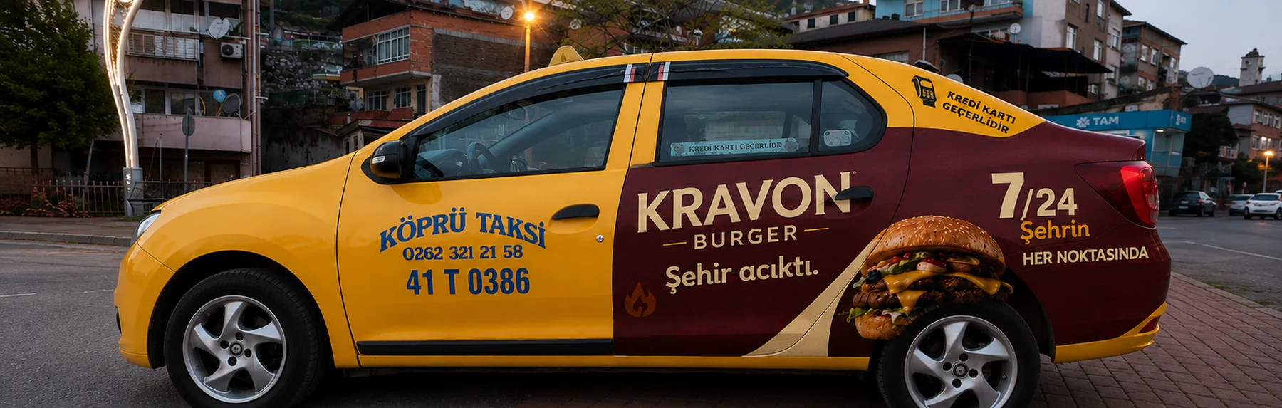 KRAVON Burger taksi reklamı konsept yan görünüm mockup görseli