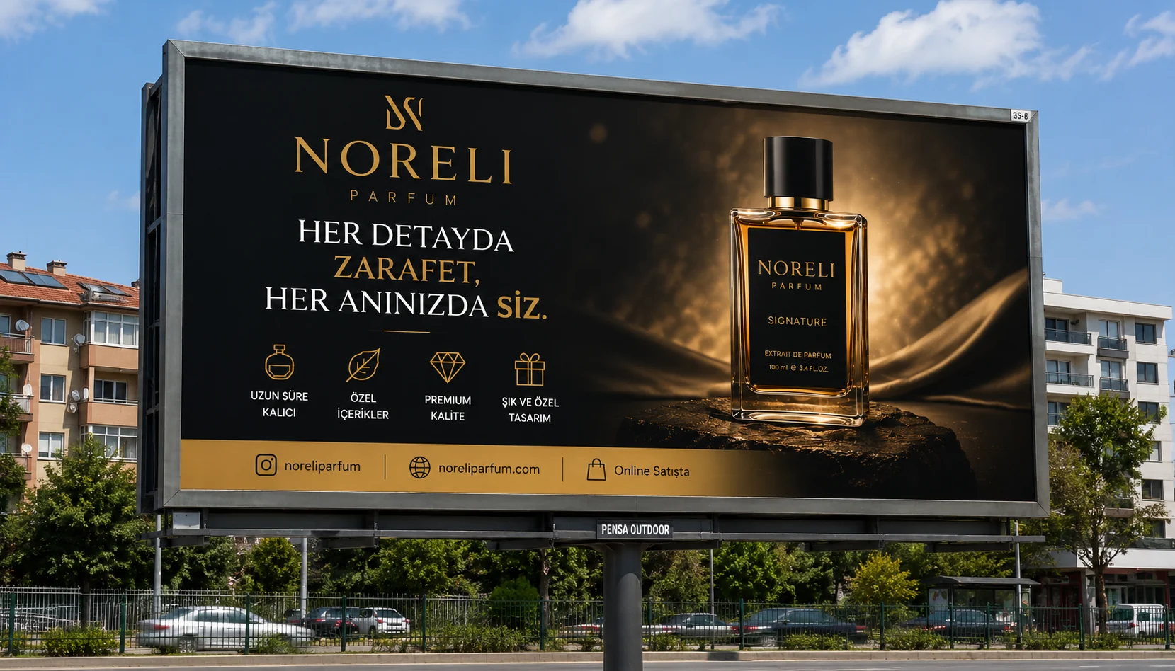 NORELI Parfum billboard ve megalight reklam konsept mockup görseli