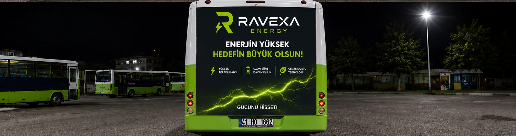 RAVEXA Energy konsept reklam uygulamalı özel halk otobüsü arka görünüşü