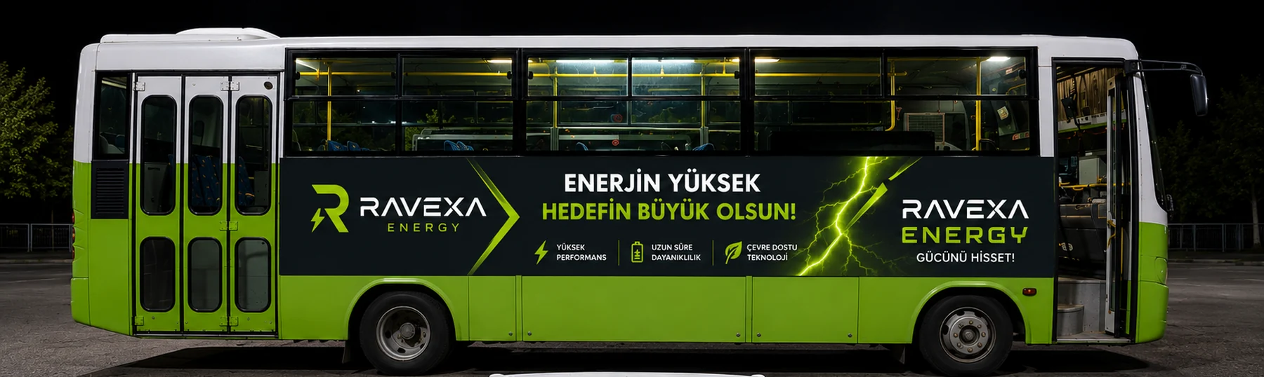 RAVEXA Energy konsept reklam uygulamalı özel halk otobüsü yan görünüşü